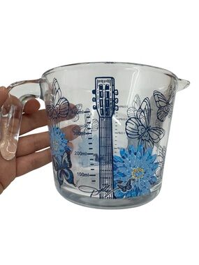 Dolly Parton 2-cup glass measuring Cup with Blue Floral and Butterfly Accents